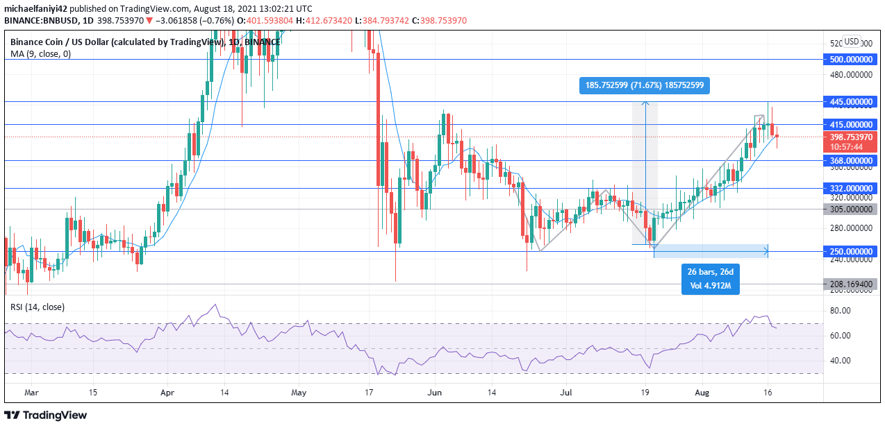 Could Binance Coin BNB/USD Falling From $445 Signal the End of Its Bullish Trend?