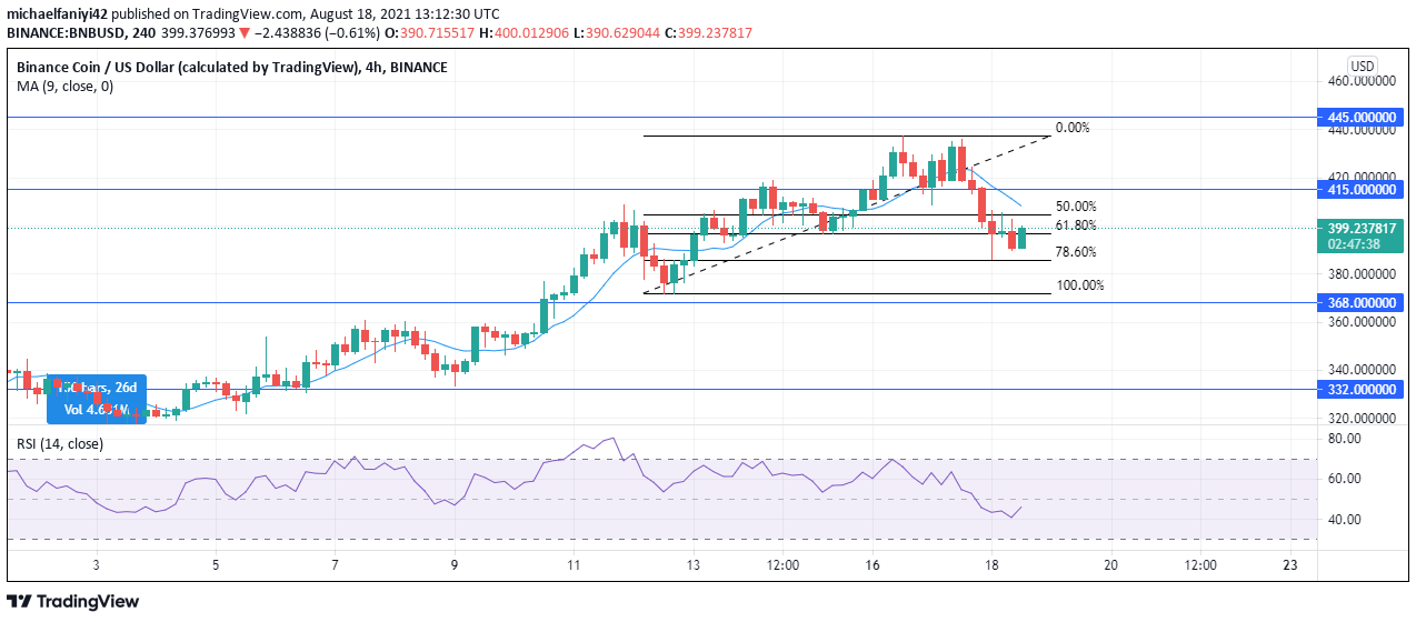 Could Binance Coin BNB/USD Falling From $445 Signal the End of Its Bullish Trend?