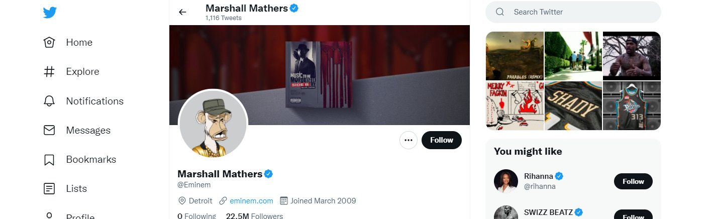Eminem's Twitter Profile Picture Showing His Bored Ape
