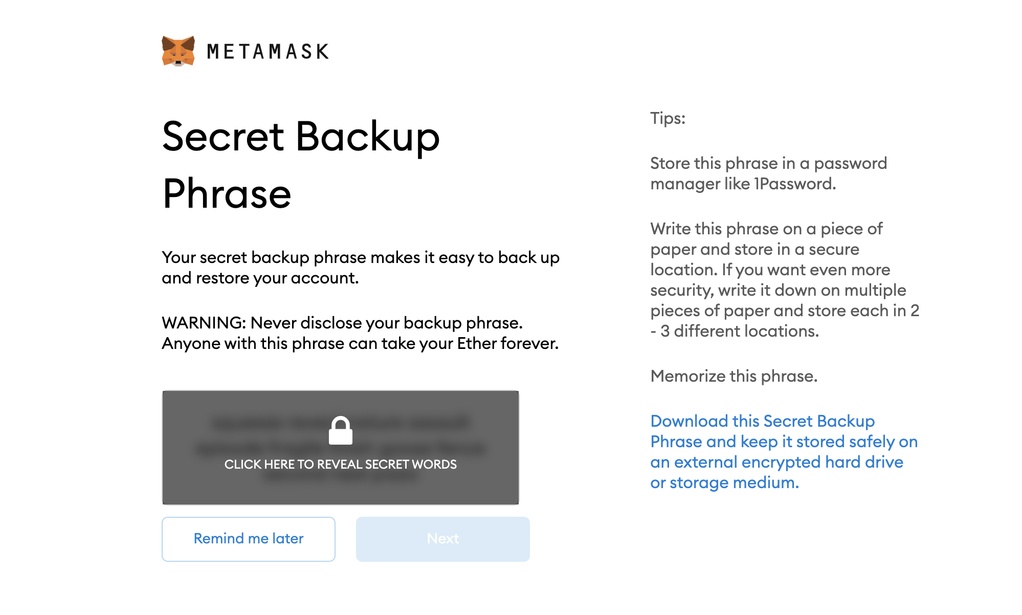 Secret backup phase in Metamask