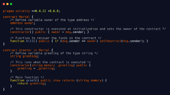 An example of a Solidity contract code.  