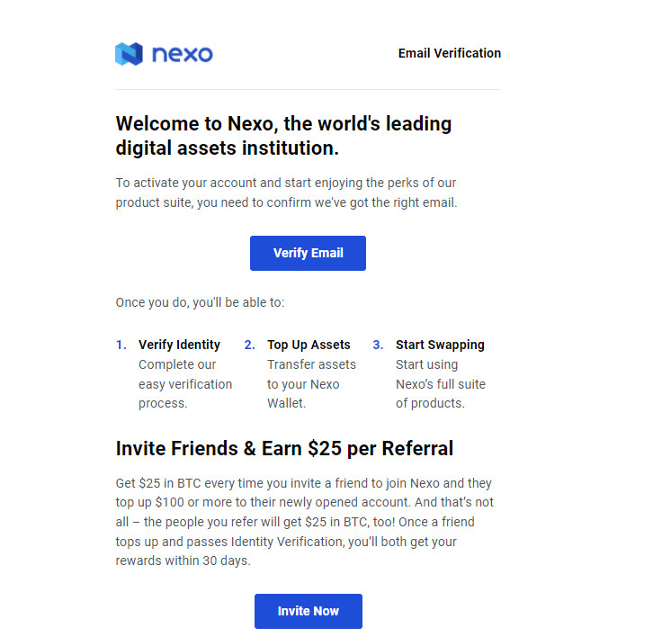 The Nexo verification email